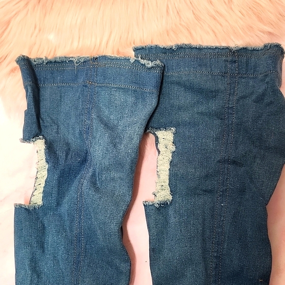 Brand New OPEN TOE DISTRESSED DENIM STILETTO FASHION THIGH-HI BOOTS-7 - Picture 6 of 6